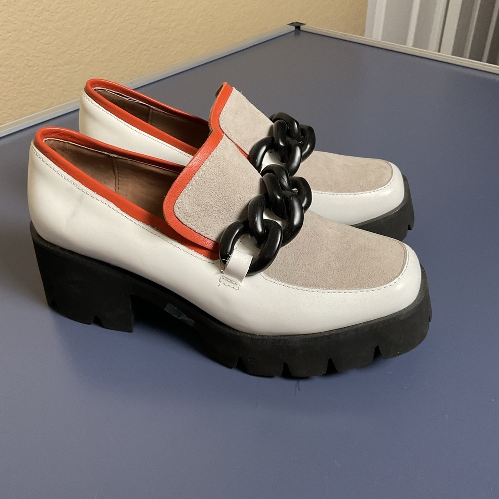 Unbranded Womens size 37 White Orange Thick Chained Small Heel‎ Loafer Shoes - Picture 2 of 8